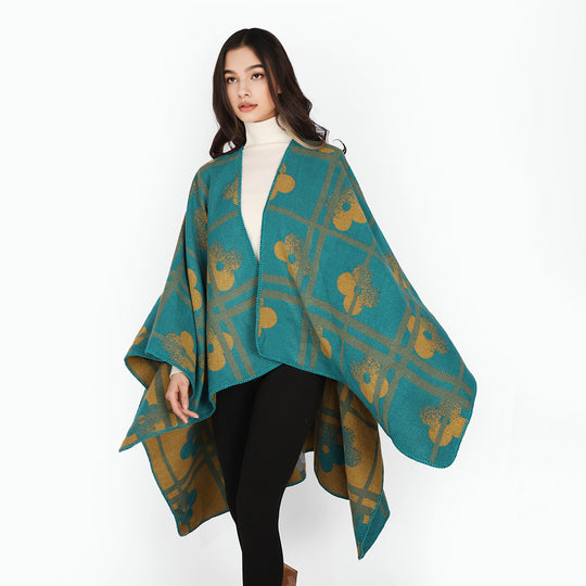 Damen Grobgewebter Deckenponcho im Ruana‑Schnitt mit floraler Karo‑Jacquard Shop Nory