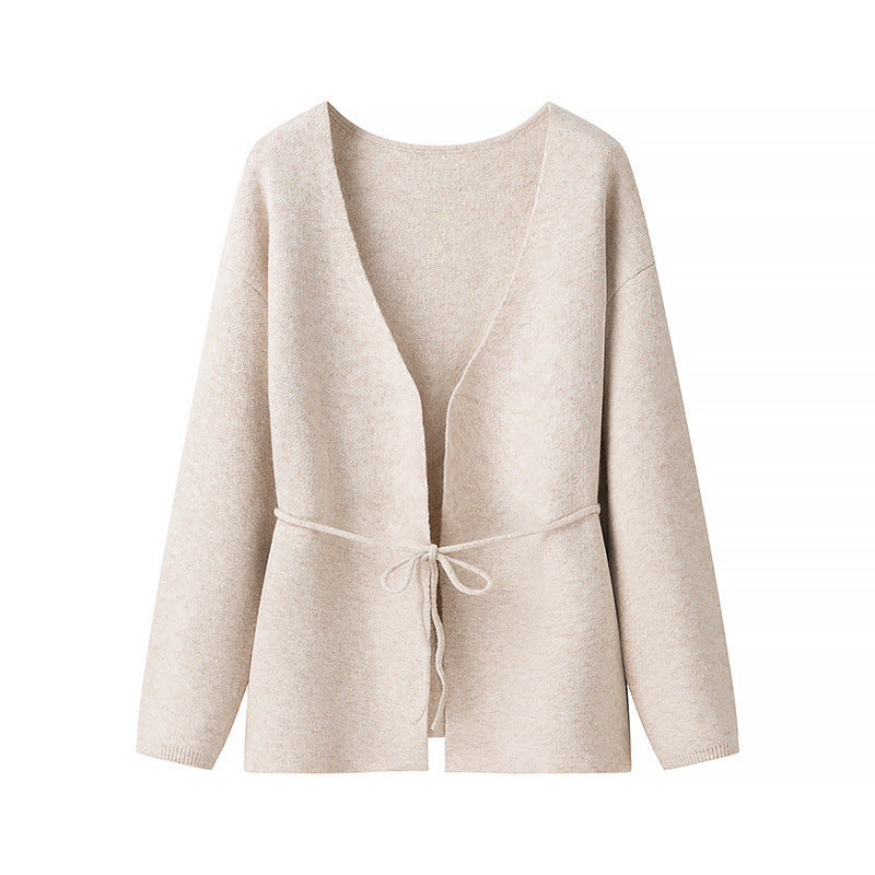 Damen Wickel-Cardigan aus grob gestricktem Wollmix mit V‑Ausschnitt und Ballonärmeln Shop Nory