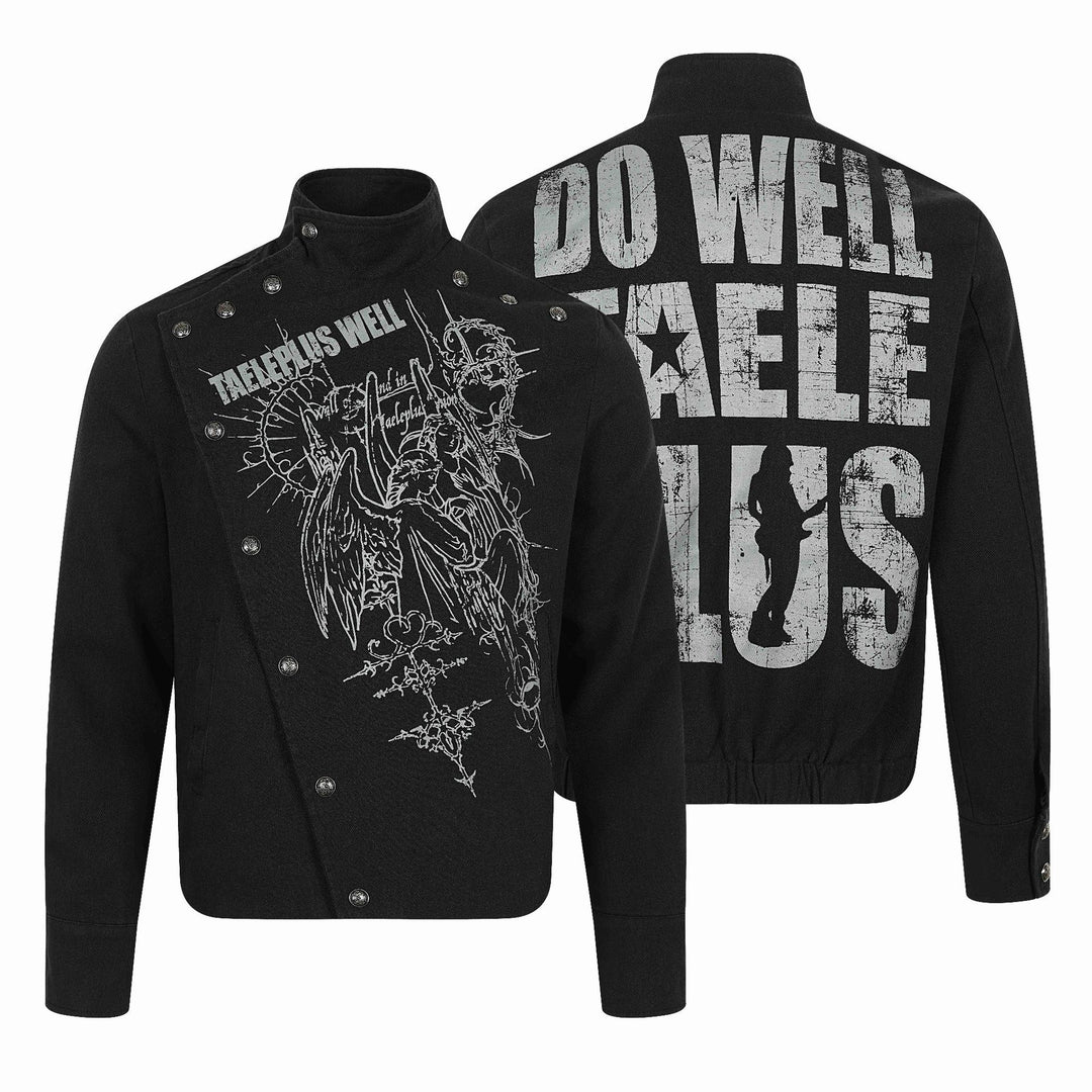 Herren Asymmetrische Blousonjacke mit Stehkragen, Metallknopfbesatz und Grafikprint Shop Nory