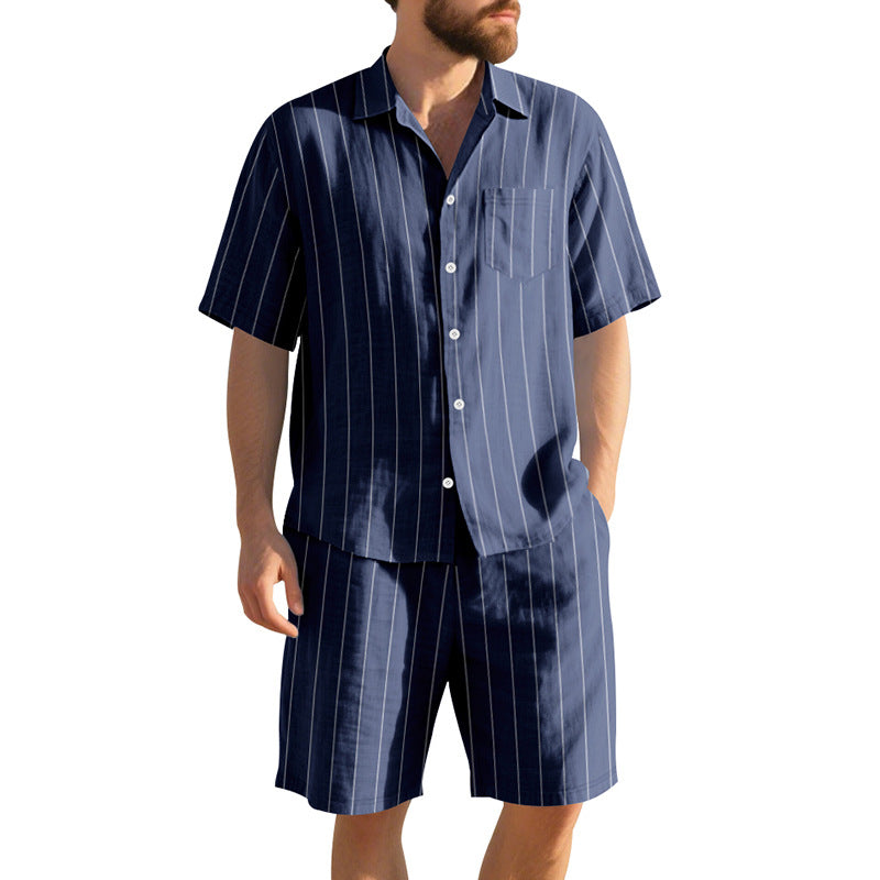 Herren Kurzarm-Pyjama-Set mit dezentem Streifenmuster und praktischer Brusttasche ShopNory