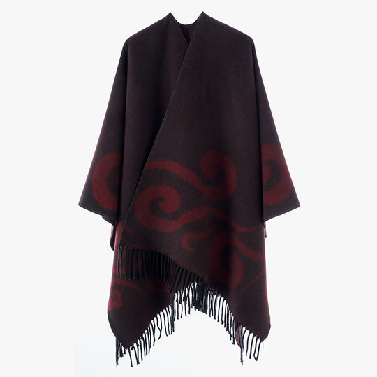 Damen Wollmix-Poncho mit Jacquard‑Wirbelmuster, V-Ausschnitt und Fransen Shop Nory