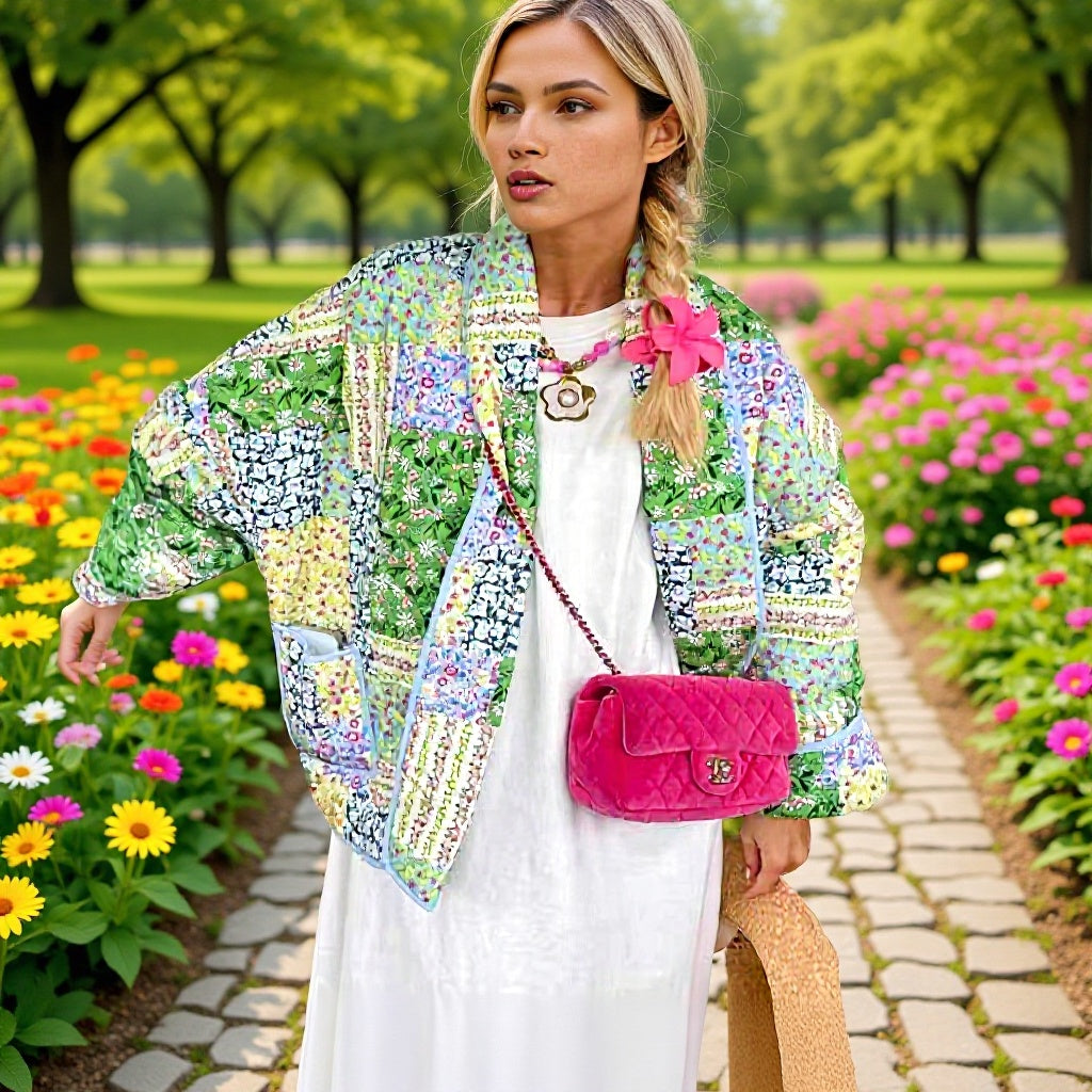 Damen Kurz geschnittene gesteppte Patchworkjacke mit aufgesetzten Taschen Shop Nory