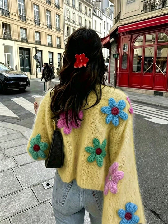 Damen Oversize Strickcardigan mit 3D‑Blütenapplikationen Shop Nory