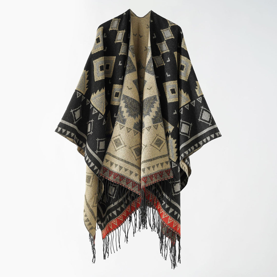Damen Jacquard‑Wickelruana im Ethno‑Design mit Fransen und offenem Fall Shop Nory