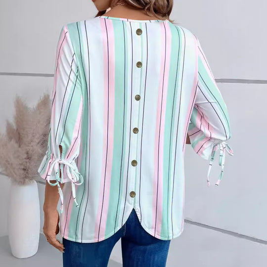 Damen leichte gestreifte Bluse mit Rundhalsausschnitt und dreiviertel-Ärmeln mit Schleifenbändern Shop Nory