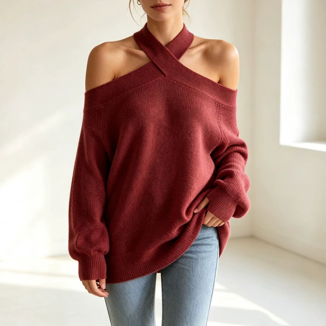 Damen Grobgestrickter schulterfreier Pullover mit überkreuztem Neckholder Shop Nory
