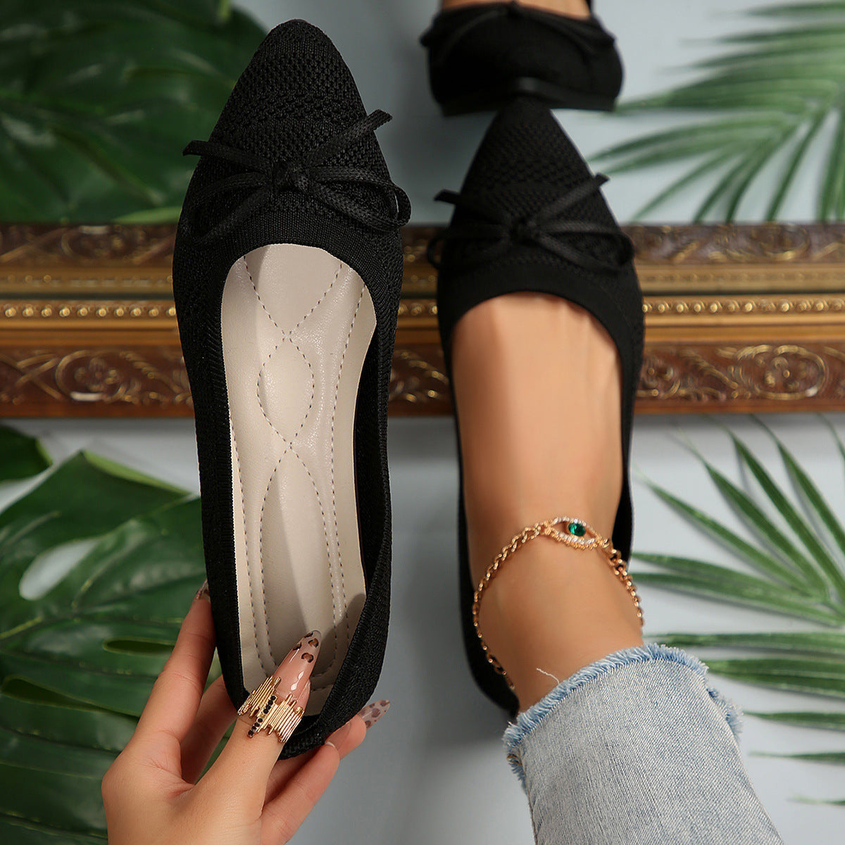 Damen elegante Ballerinas mit raffiniertem Schleifen-Detail und atmungsaktiver Obermaterialstruktur