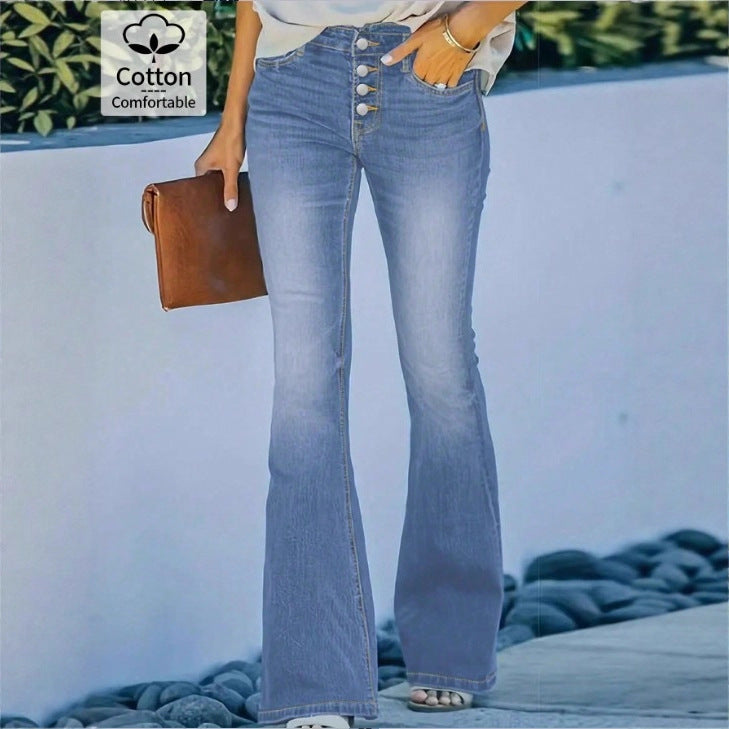 Damen taillenhohe Schlagjeans mit dekorativer Knopfleiste und sculptendem Sitz Shop Nory