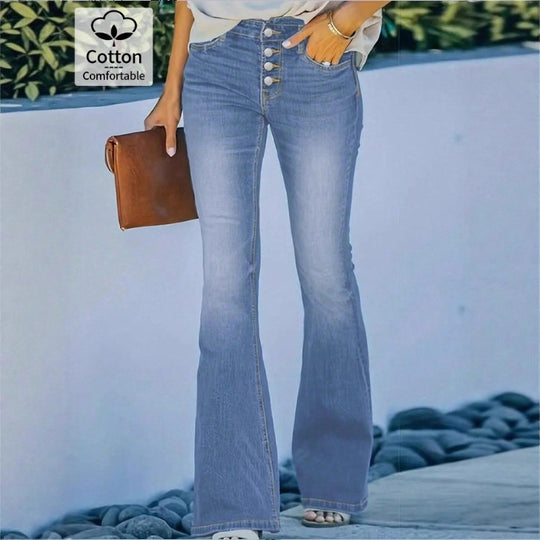 Damen taillenhohe Schlagjeans mit dekorativer Knopfleiste und sculptendem Sitz Shop Nory