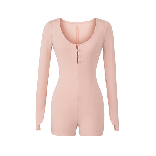 Damen Enganliegender Langarm-Body mit Knopfleiste und kurzer Shorts Shop Nory