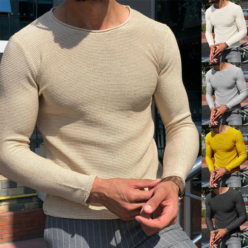 Herren Schmal geschnittener Strukturstrick-Langarmpullover mit Rundhalsausschnitt Shop Nory
