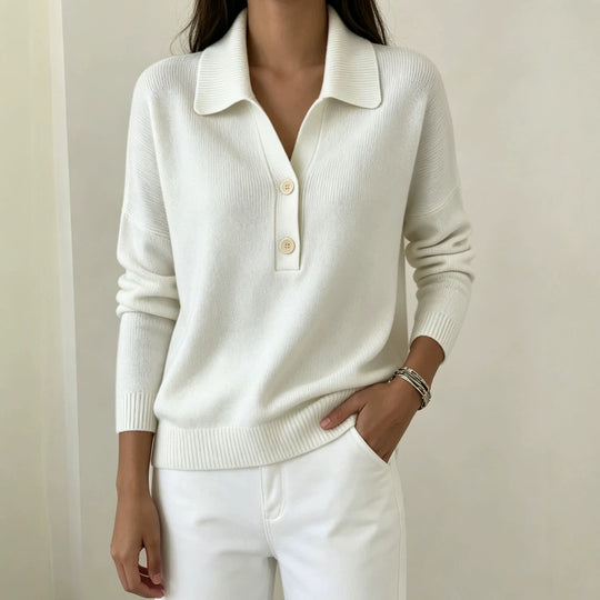 Damen Polokragen-Pullover mit halber Knopfleiste und geripptem Saum Shop Nory