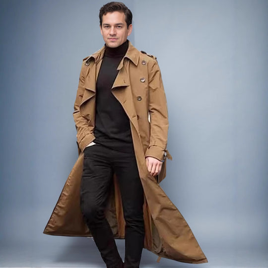 Herren Wasserabweisender Long-Trenchcoat mit doppelter Knopfleiste, Schulterklappen und verstellbarem Taillengürtel Shop Nory