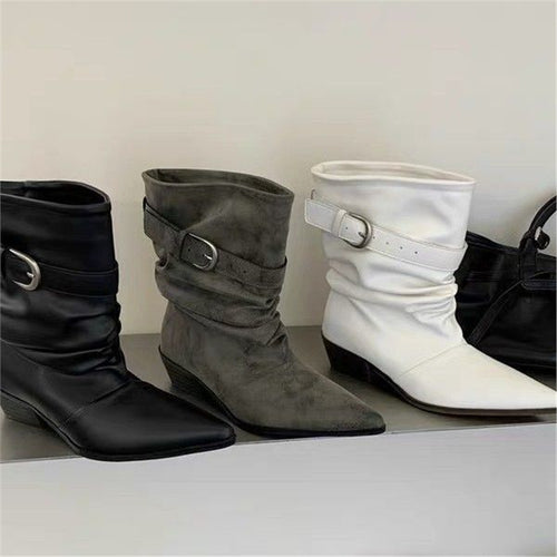 Damen Mid‑Calf Slouch Westernstiefel mit spitzer Zehenpartie, gerafftem Schaft und Zierschnalle Shop Nory