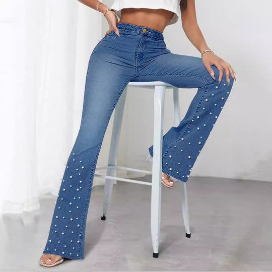Damen Jeans-Schlaghose mit hoher Taille und Perlenapplikation Shop Nory