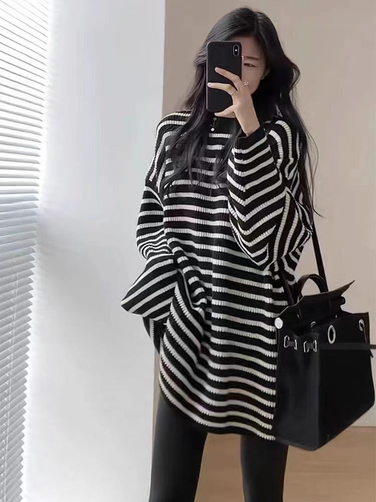 Damen Oversize Strick-Longpullover mit horizontaler Streifenstruktur Shop Nory