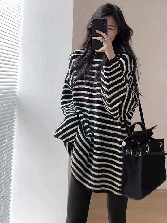 Damen Oversize Strick-Longpullover mit horizontaler Streifenstruktur Shop Nory