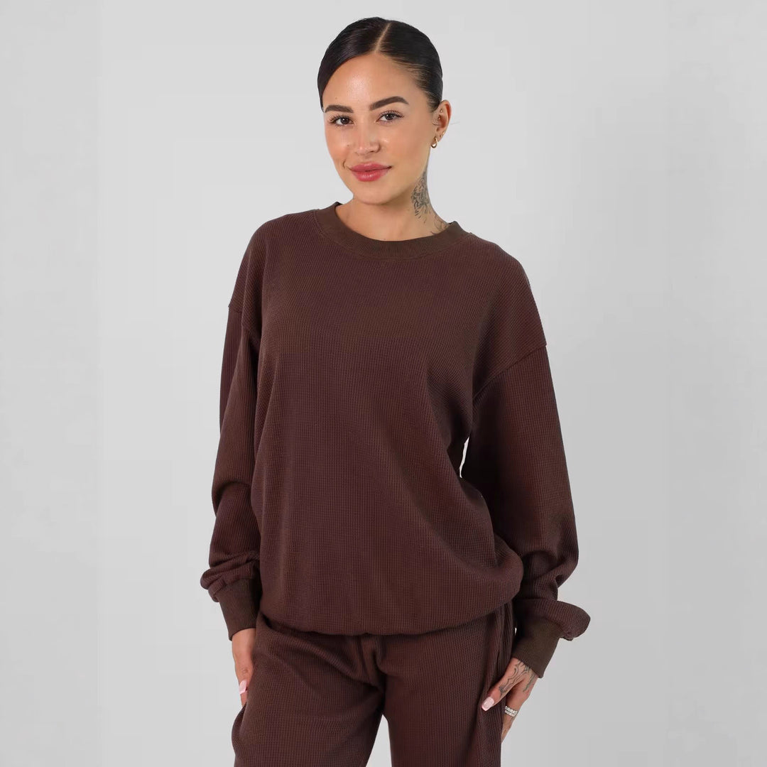 Damen geräumiges Waffelstrick-Loungewear-Set mit Rundhalsausschnitt und Tunnelzughose Shop Nory