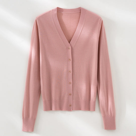 Damen Minimalistischer Merino‑Blend Cardigan mit V‑Ausschnitt und feinen Rippabschlüssen Shop Nory