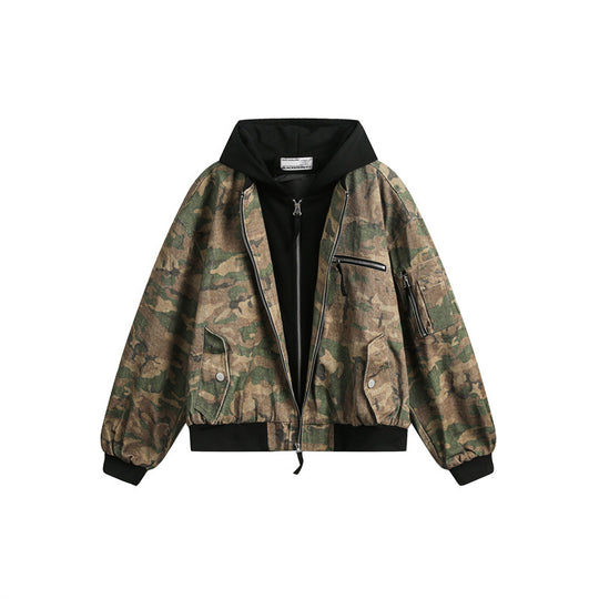 Herren Kurz geschnittener Oversize-Bomber im Layer-Look mit integrierter Kapuze und Camouflage-Jacquard Shop Nory