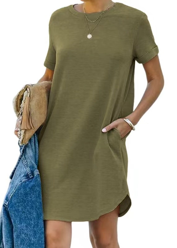 Damen lässiges Freizeitkleid mit Taschen und Rundhalsausschnitt