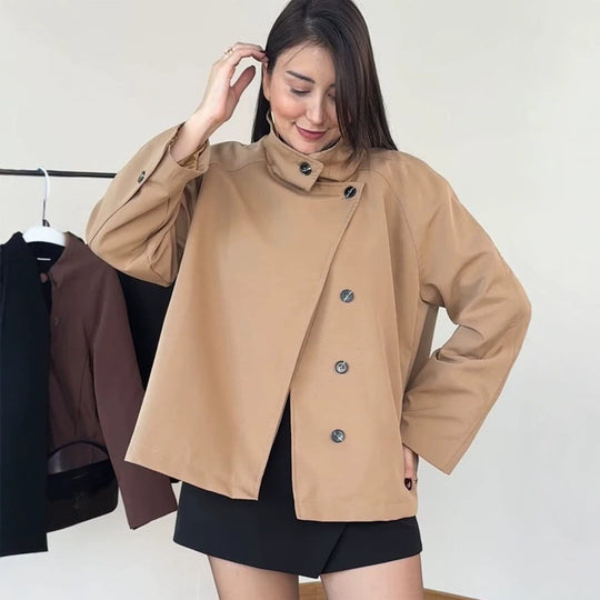 Damen Kurz geschnittene A-Linien Manteljacke mit Stehkragen und asymmetrischer Knopfleiste Shop Nory