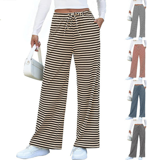 Damen weite Streifenhose mit elastischem Bund und Kordelzug