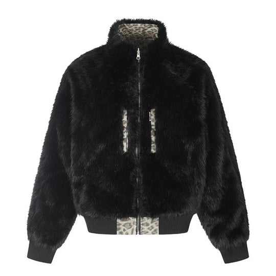 Damen gesteppte Bomberjacke mit Kunstfell-Stehkragen, Allover-Leo-Print und Rippbündchen Shop Nory