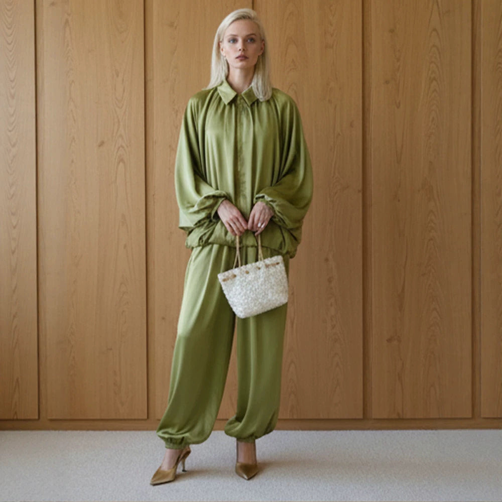 Damen Elegantes Satin-Zweiteiler-Set mit Oversize-Blouson und weiter Palazzo-Hose Shop Nory