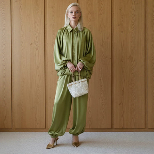 Damen Elegantes Satin-Zweiteiler-Set mit Oversize-Blouson und weiter Palazzo-Hose Shop Nory