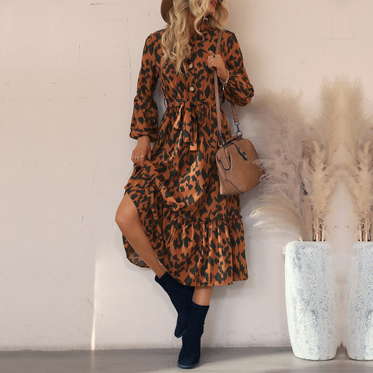 Damen Midikleid mit Animal-Print, Knopfleiste, Taillengürtel und Stufenrock Shop Nory