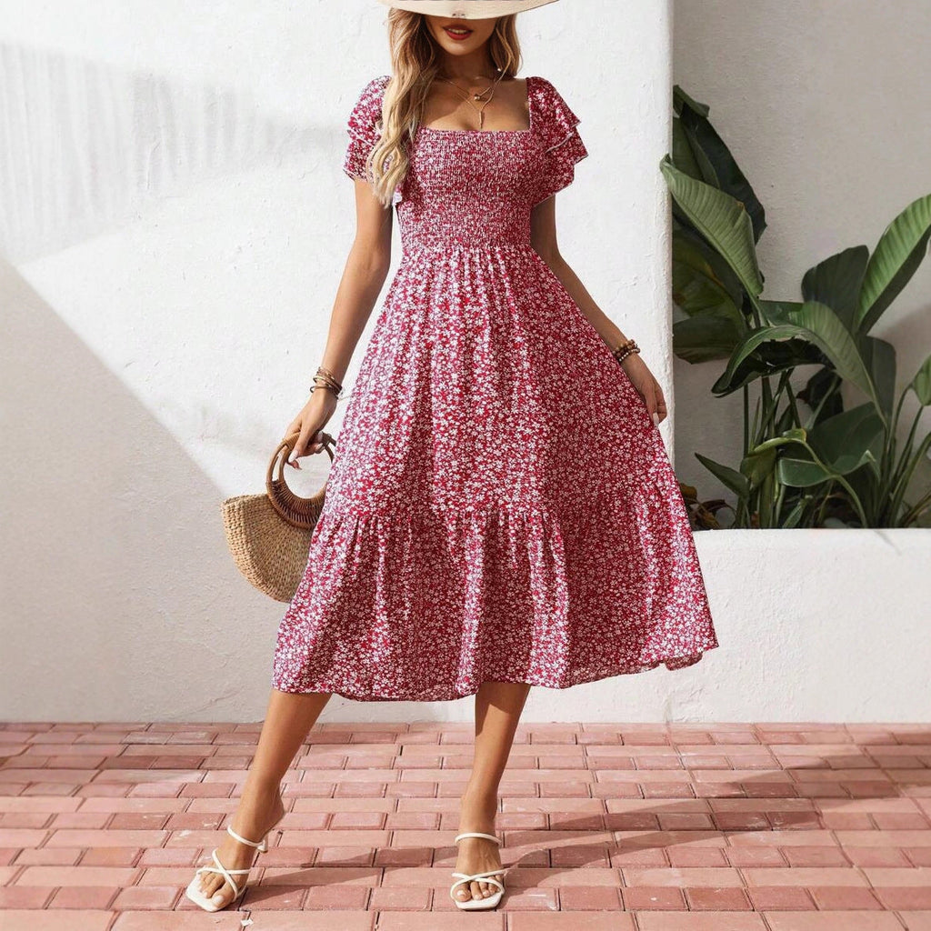 Damen Off-Shoulder Maxikleid mit floralen Mustern und elastischem Oberteil