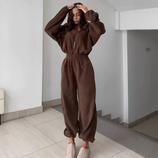 Damen kuscheliger Plüsch-Jumpsuit mit halbem Reißverschluss und elastischer Taille Shop Nory