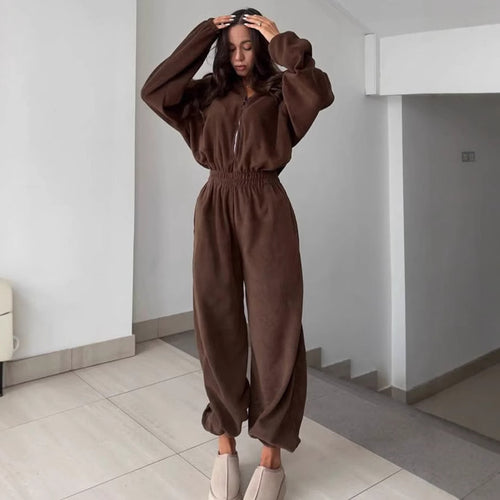 Damen kuscheliger Plüsch-Jumpsuit mit halbem Reißverschluss und elastischer Taille Shop Nory