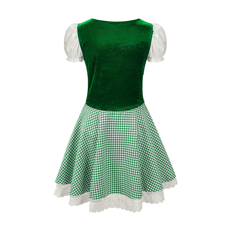 Damen nan bayerisch inspiriertes Mini-Dirndl mit geschnürtem Mieder, Puffärmeln und Vichykaro-Rock Shop Nory