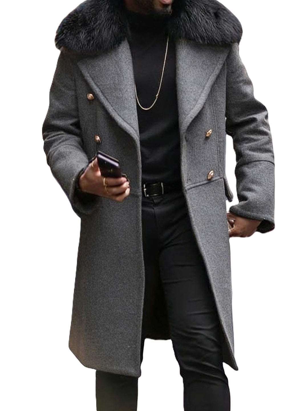 Herren Doppelreihiger Wollübermantel mit voluminösem Schafsfellkragen und goldenen Zierknöpfen Shop Nory