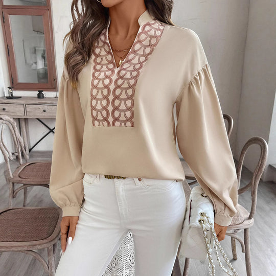 Damen Bluse mit Stehkragen, bestickter V‑Passe und ballonärmeln Shop Nory