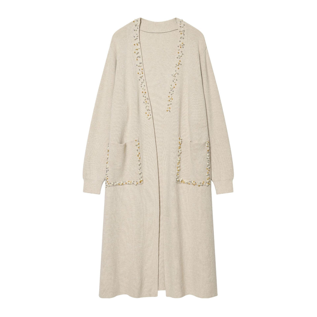 Damen langer Strickcardigan mit Perlenverzierung und aufgesetzten Taschen Shop Nory