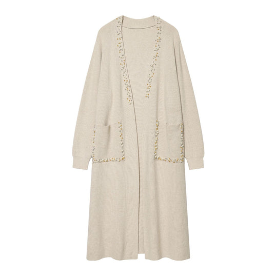 Damen langer Strickcardigan mit Perlenverzierung und aufgesetzten Taschen Shop Nory