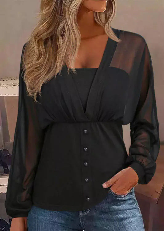 Damen transparentes Chiffon-Blusentop mit Knopfleiste und taillierter Passform Shop Nory