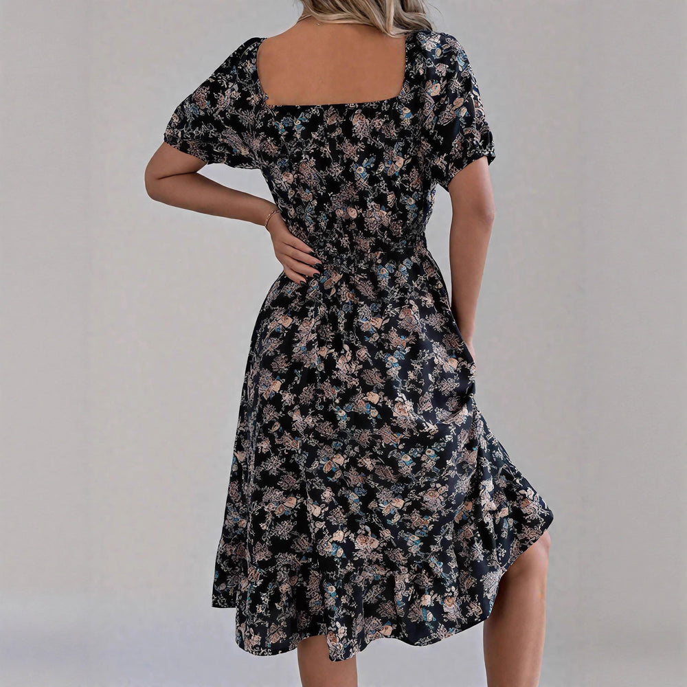 Damen sommerliches Blumenkleid mit Puffärmeln und Rüschensaum
