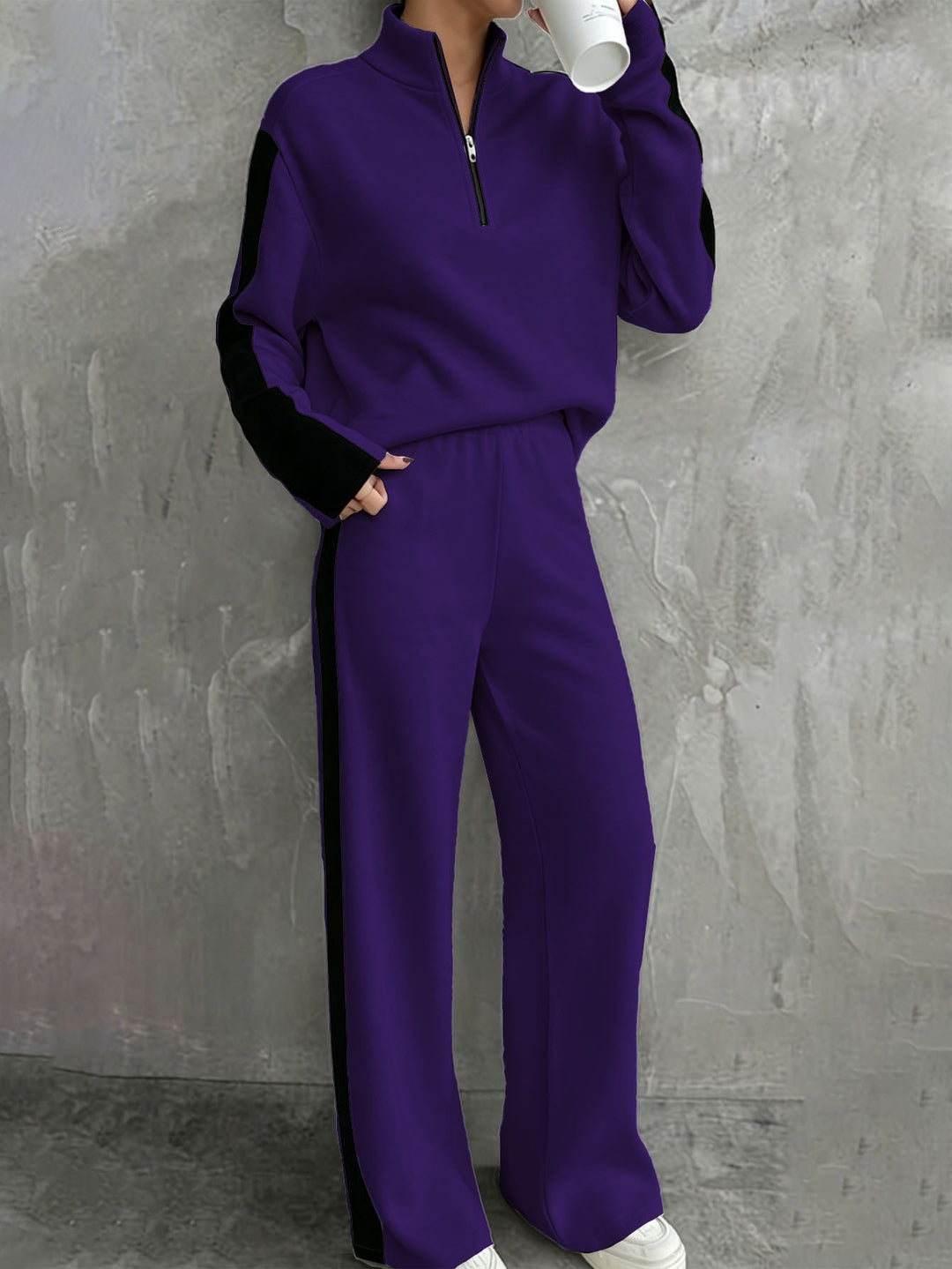 Damen Zweiteiliges Lounge‑Set mit Halbreißverschluss, Kontraststreifen und weitem Palazzo‑Schnitt Shop Nory