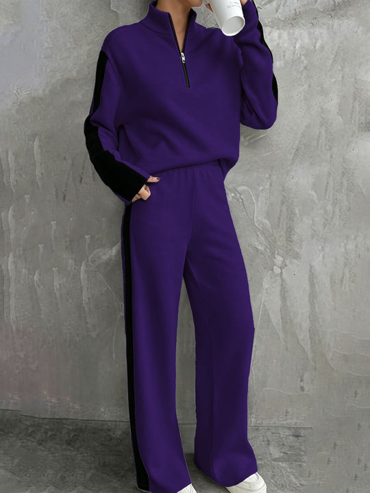 Damen Zweiteiliges Lounge‑Set mit Halbreißverschluss, Kontraststreifen und weitem Palazzo‑Schnitt Shop Nory