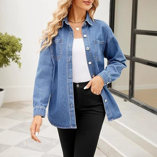 Damen Oversize-Denimhemd mit Knopfleiste und Brusttaschen Shop Nory