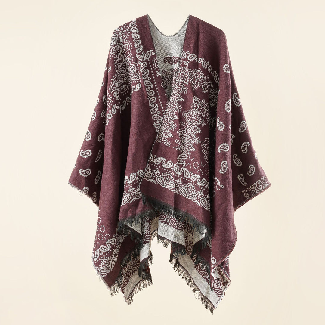 Damen Jacquard-Umhangponcho mit Paisley-Muster und Fransen Shop Nory