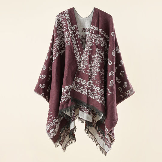 Damen Jacquard-Umhangponcho mit Paisley-Muster und Fransen Shop Nory