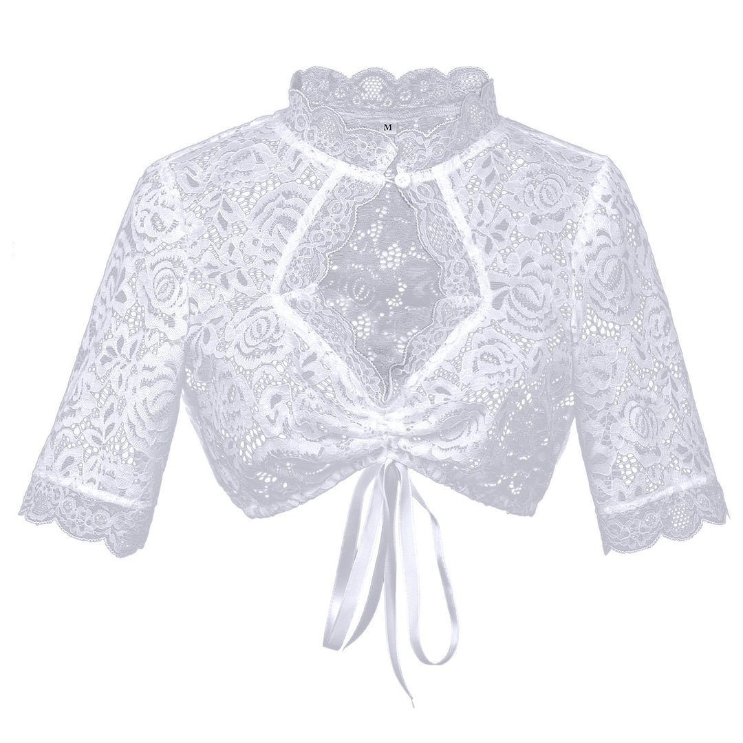 Damen nan Spitzenbolero Bluse mit Stehkragen, 3/4 Ärmeln und Bindeband Shop Nory