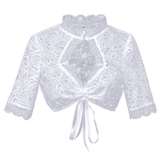 Damen nan Spitzenbolero Bluse mit Stehkragen, 3/4 Ärmeln und Bindeband Shop Nory