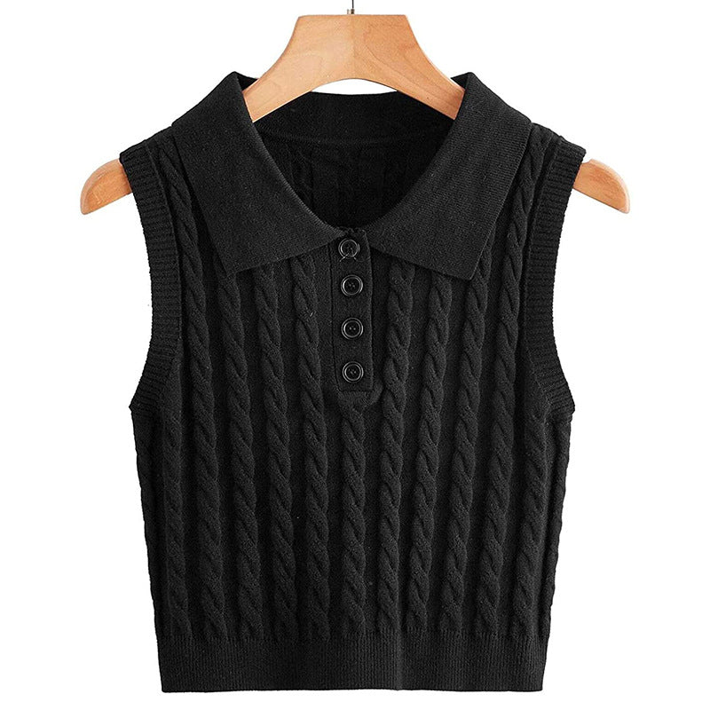 Damen Ärmellose Strickweste mit Polokragen und Zopfmuster Shop Nory
