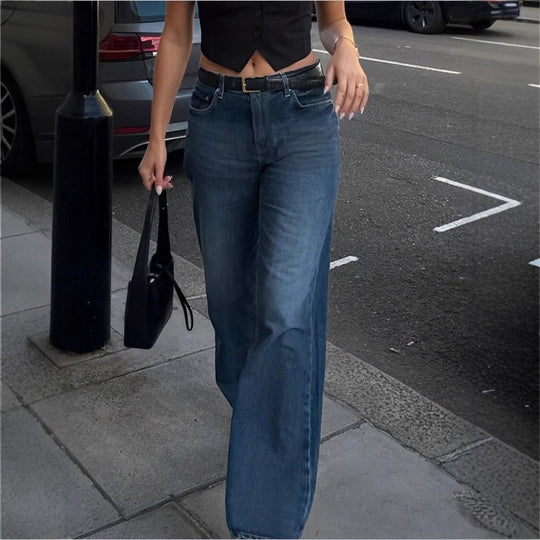 Damen Hochtaillierte Wide‑Leg Denim‑Jeans mit geradem Saum und leichtem Used‑Effekt Shop Nory